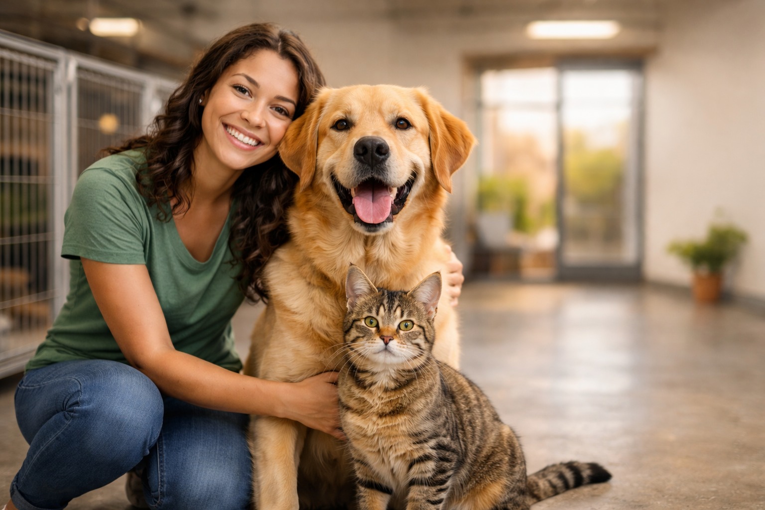 Volunteer holding a rescued dog